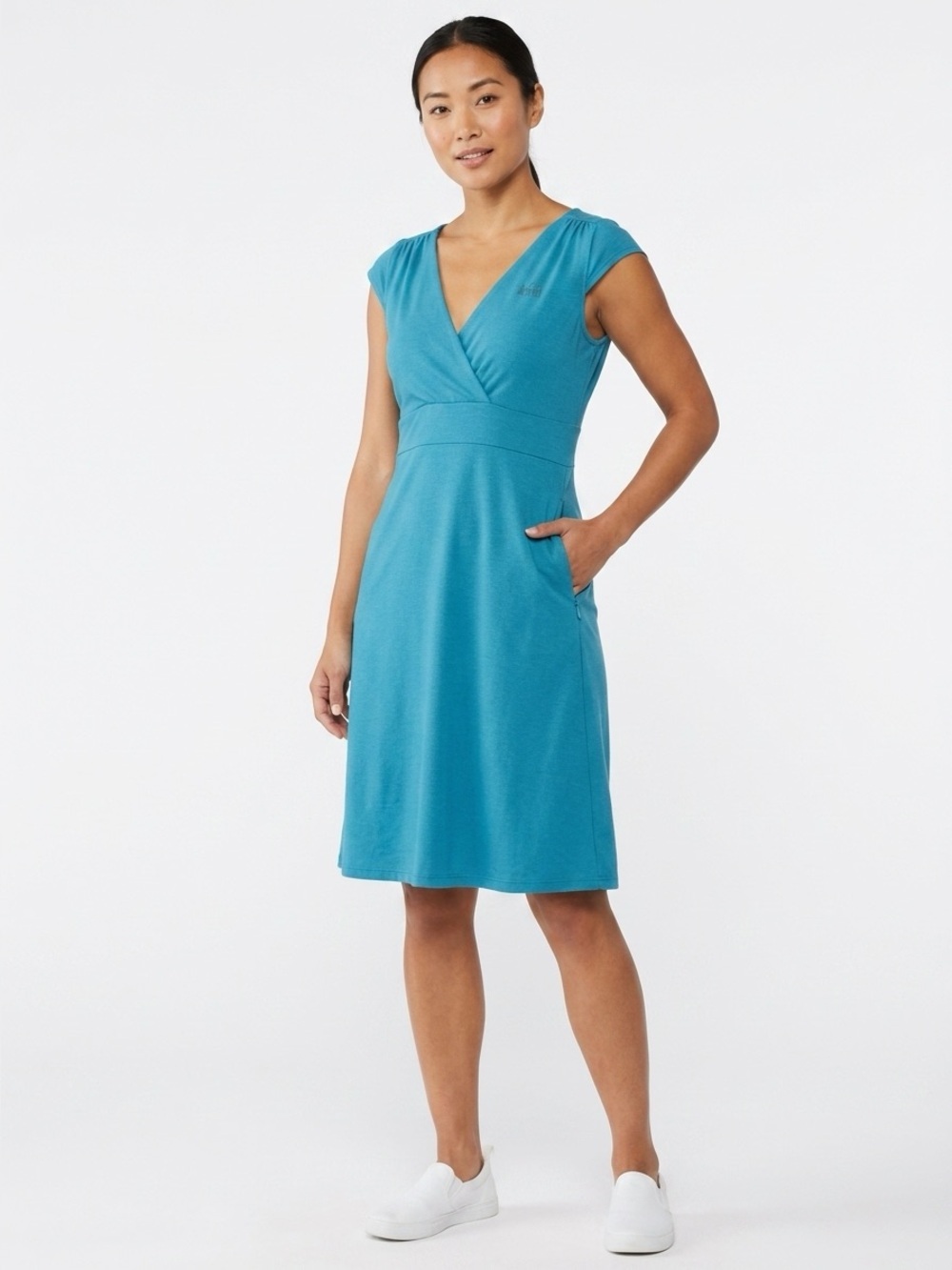 REI Midi Travel Dress Polyester Blend V Neck Pocket Turquoise Blue S